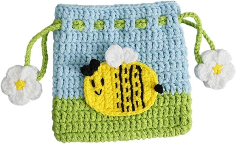 BRTOO Small Crochet Purse 100% Handmade Knitted Storage Bag Cute Funny Kawaii Coin Change Purse Pouch Mini Cartoon Shark Funny Plush Drawstring Headphone Wallet for Women Girls Gift(Bee) - Image 1